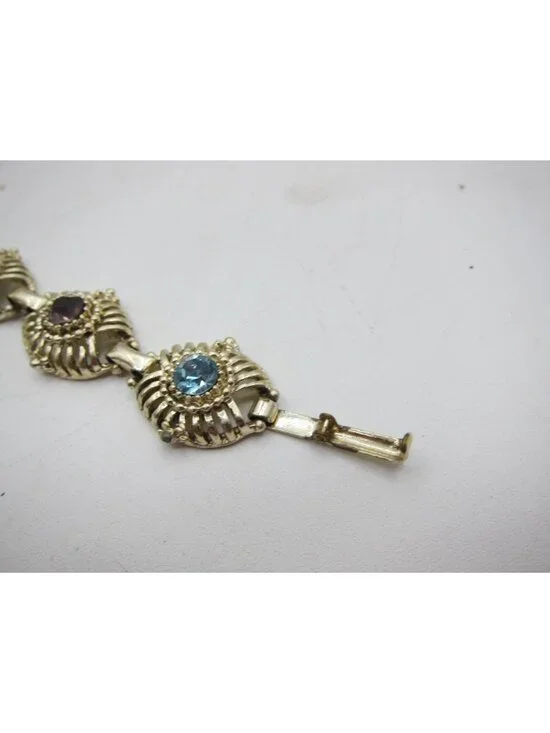 Vintage Gold-Tone Bracelet With Colorful Rhinestone Accents 7 Inches Elegant Ret - Picture 3 of 5